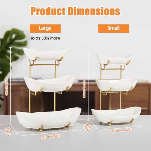 Gold 3-Tier Ceramic Fruit Basket for Kitchen Counter - Large