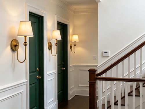 Set of 2 Brass Linen Fabric Shade Wall Sconces - Antique Industrial Style