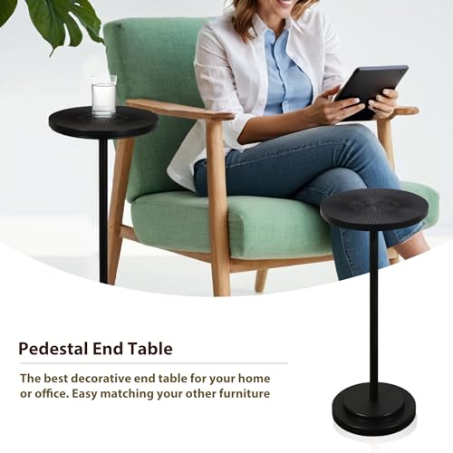 COVLON Black 2-Piece Round Pedestal Drink Side Tables for Living Room & Bedroom