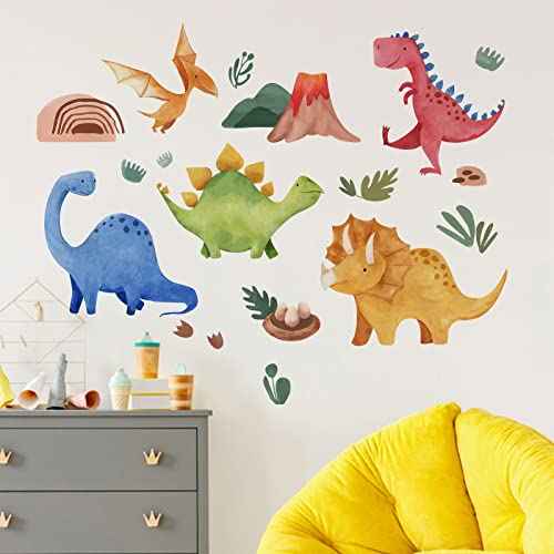 Yovkky Baby Dinosaur Wall Decals Stickers, Dino Volcano Cave Neutral Nursery Toddler Playroom Decor, Kids Room Home Decorations Girls Boys Bedroom Classroom Daycare Art