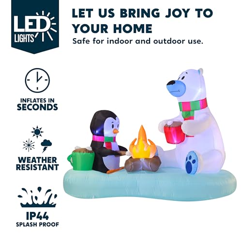 Joiedomi 6 ft Christmas Inflatable Polar Bear & Penguin with Campfire (Fire Bear) – Built-in LEDs, Lawn Decor