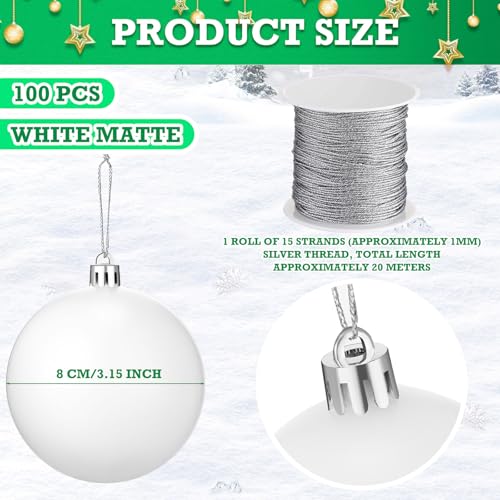 Wettarn 3.15 Inch White Christmas Ball Ornaments 100 Pcs with Lid & Silver Rope