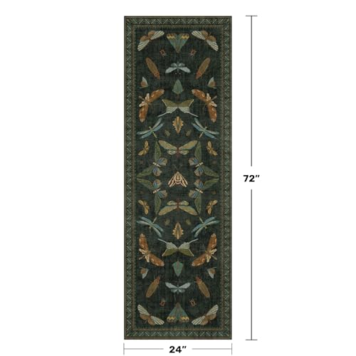 2' x 6' Dark Green Washable Runner Rug for Hallway and Kitchen, Non Slip Floral Indoor Floor Mat