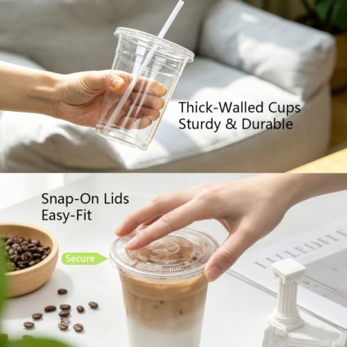 200 Pack 16 oz Plastic Cups with Lids and Straws - Leak-Proof Cold Drink Cups
