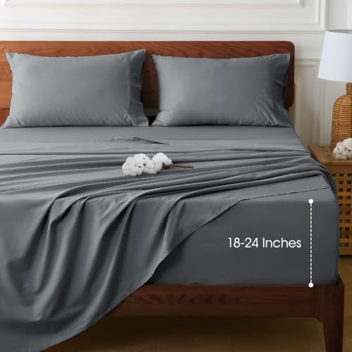 Deep Pocket Queen Bed Sheets 100% Cotton Grey 4pc - Extra Deep 18-24 Inch