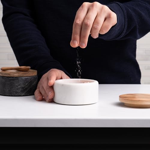 Marble Salt and Pepper Bowls Set with Wooden Lids & Spoons – Elegant Kitchen Accessories