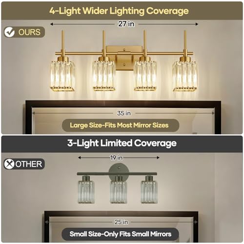 Brushed Gold Bathroom Vanity Light 4-Lights Crystal Square Shade Over Mirror