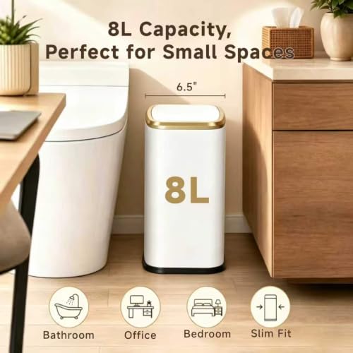 Organizelink White 2.1 Gal Slim Bathroom Trash Can with Swing Lid, Rustproof Stainless Steel, Pet-Proof Odor Control, Space-Saving Waste Basket