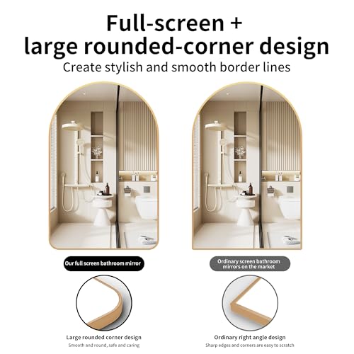 MYlovelylands 36x24 Gold Arched Bathroom Mirror - Tempered Glass, Wall Mount
