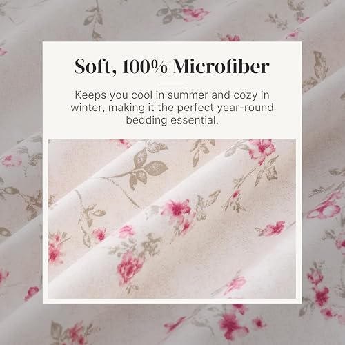 Queen Microfiber Bed Sheets Set - Floral Rose Pattern, Wrinkle-Free, Deep Pockets