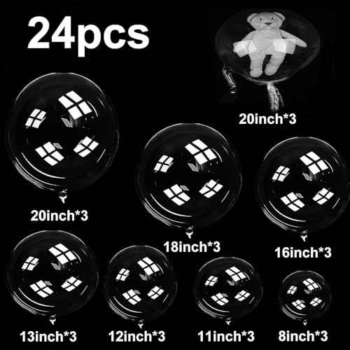 24Pcs Bobo Balloons, Different Size Clear Balloons Set for Stuffing Bubble Transparente for Baby Showers Valentines Christmas Wedding Birthday Prom Party Decoration(8/11/12/13/16/18/20 Inch)