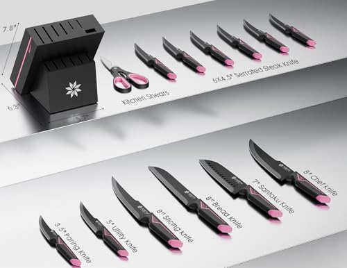 ASETY Soft Pink 15-Piece Kitchen Knife Set with Block & Sharpener