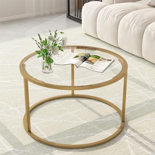 Glass Round Coffee Table - Clear 27-Inch Modern Center Table with Metal Frame