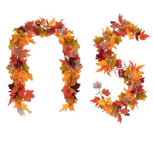Thanksgiving Fall Leaf Garland - 2PCS Maple Fall Decorations for Home,5.7Ft Autumn Party Wedding Decor Hanging Artificial Leaf Garlands for Indoor Outdoor Christmas Halloween Decorations