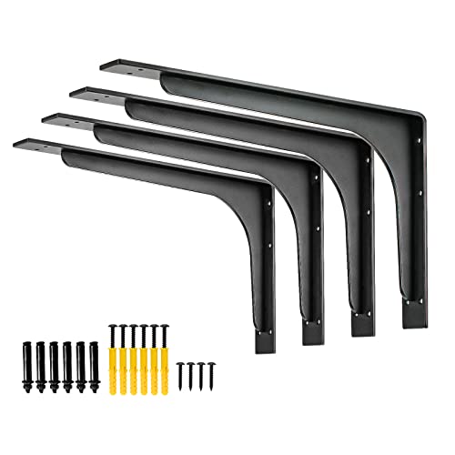 16 Inch x 9.5 Inch Heavy Duty Shelf Brackets - Pack of 4, Max 320lbs, L Beam, Black