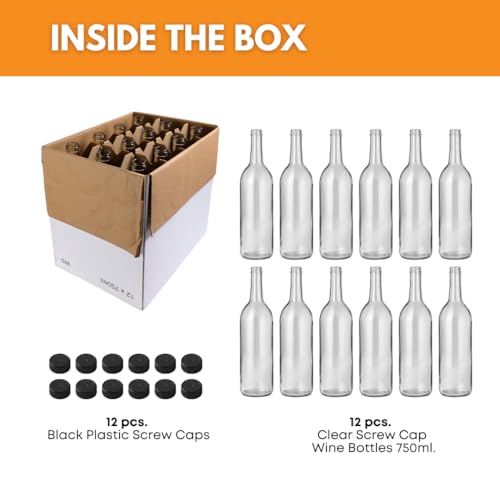 FastRack 750 ml Clear Bordeaux Wine Bottles (Pack of 12) Screw top finish with 12 Black PLASTIC caps | W5 Flint Flat-Bottomed Glass Bottles Ideal for Wine Making and Storage