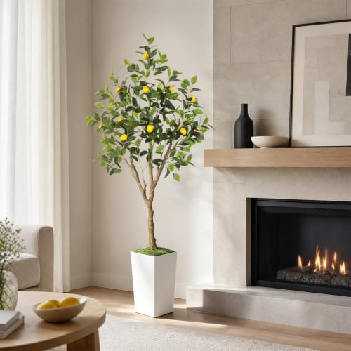 6FT Artificial Lemon Tree with White Tall Planter - Realistic Faux Indoor Outdoor Decor