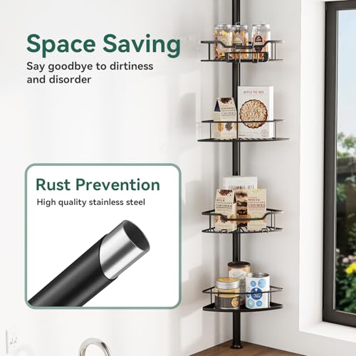 Corner Shower Caddy Tension Pole - 4 Tier Rustproof Bathroom Organizer - Black / Fan-Shape
