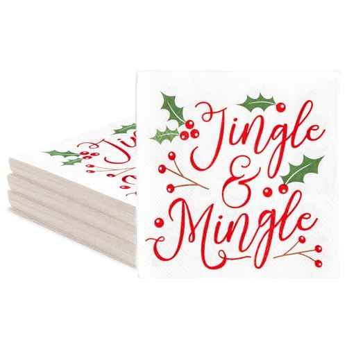 Sparkle and Bash 50 Pack Jingle & Mingle Christmas Cocktail Napkins, 5x5 inch Paper Napkins for Xmas Winter Season Holiday Party Supplies