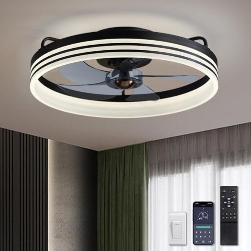 LUDOMIDE 20-inch Black Ceiling Fan with Light, 6-Speed Reversible Low Profile Fan for Bedroom & Living Room - Variation Black-1105