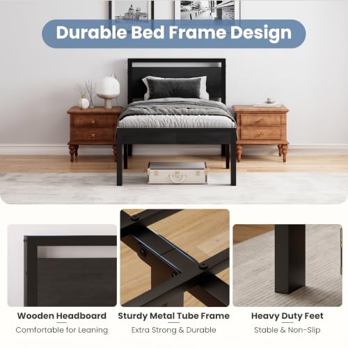 Black Oak 14 Inch Twin Metal Bed Frame with Wooden Headboard - Heavy Duty, Storage, Noise-Free