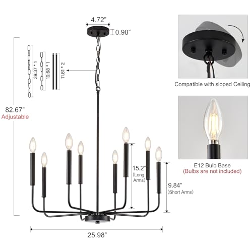 Black 8-Light Candle Chandelier for Dining Room - Farmhouse Pendant Light Fixture