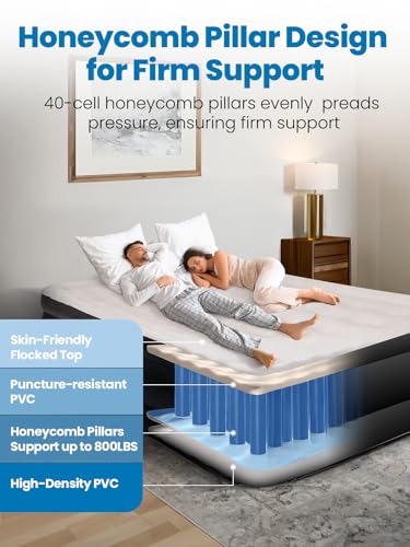 CHERIMOR Black Queen Air Mattress with Built-in Pump 18in, Upgraded 40 Air-Coil, Puncture-Resistant