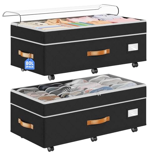Budding Joy Black 80L 2 Pack Adjustable Under Bed Storage with Wheels