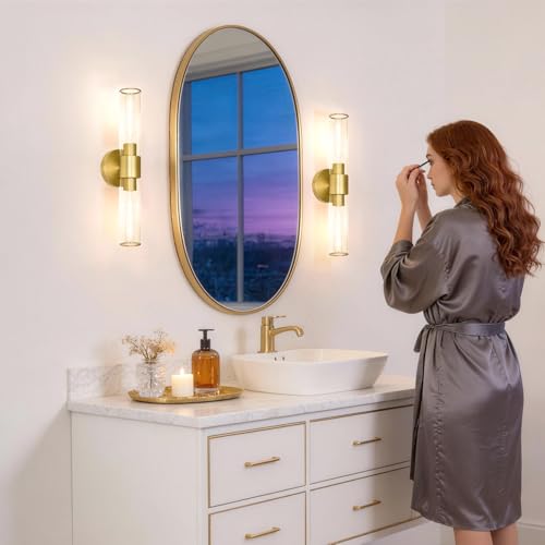 Brushed Gold Wall Sconces Set of 2 - 18.5in Modern Cylinder Glass Vanity Lights for Bathroom Mirror