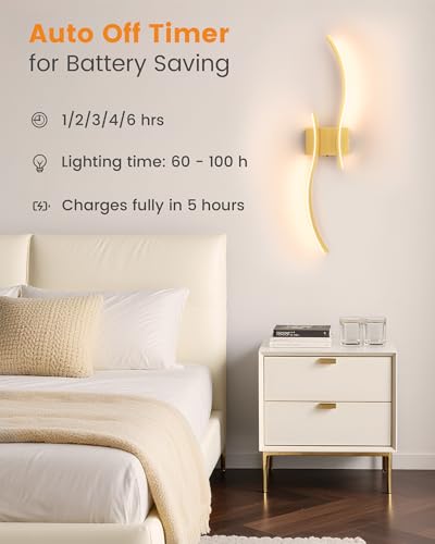 Gold 27.6 Inch Battery Operated Wall Sconces Set of 2 - Dimmable Wireless Wall Lights with Remote, Rechargeable for Living Room, Hallway, Bedroom