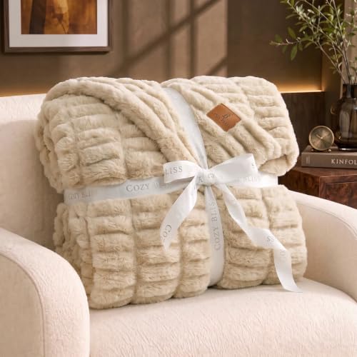 Cozy Bliss Double-Sided Soft Faux Fur Throw Blanket,60"x80", Beige