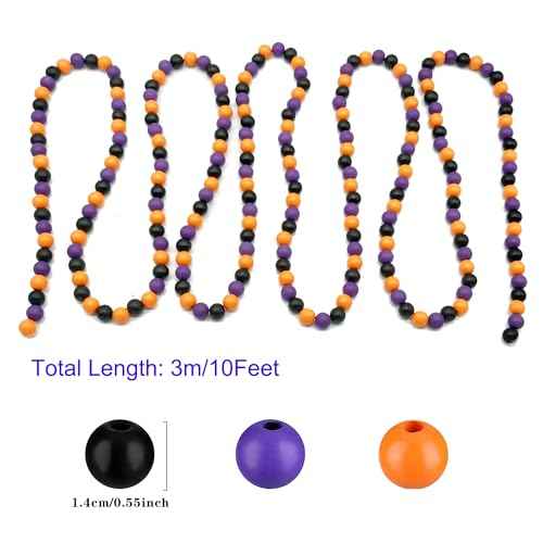 10ft Wooden Bead Garland, Wood Bead Decoration for Halloween Party, 14mm (Orange, Purple & Black)