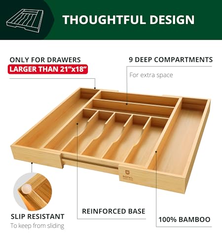 Royal Craft Wood Natural Bamboo 9 Slot Flatware Organizer for Kitchen Drawer - Expandable Silverware Tray