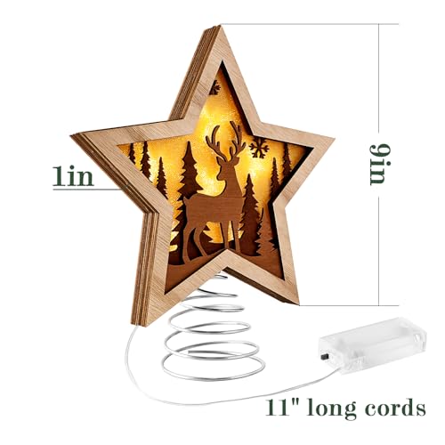 Christmas Star Tree Topper, Rustic Reindeer Wooden Toppers with Warm