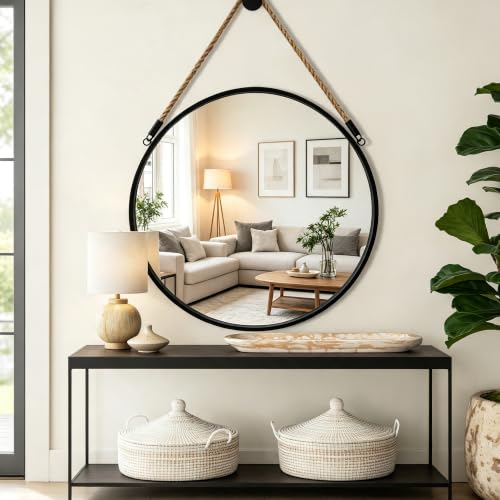 Large Round Hanging Mirror with Jute Rope - 30 Inch Black Wall Decor - POZINO