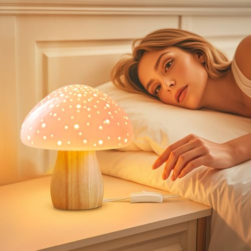 BOHON Pink Mushroom Ceramic Bedside Table Lamp with Warm White LED Bulb