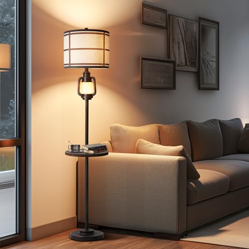 Dark Bronze Rustic Farmhouse Floor Lamp with Nightlight and Metal Tray