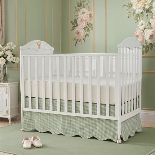 Sage Green Gingham Scallop Edge Cotton Crib Skirt - Baby Boy Girl Nursery Decor