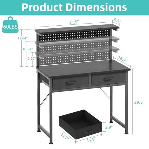 MUTUN 31 Inch Black Computer Desk with Drawers, Adjustable Monitor Stand & LED Light