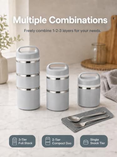 Stackable Stainless Steel Lunch Box 43Oz with Cutlery - Gray