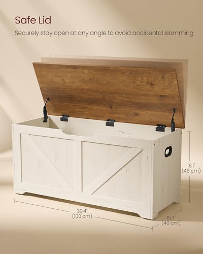 VASAGLE Farmhouse Storage Chest with Safety Hinges - Honey Brown + Rustic White, 39.4"W x 18.1"H