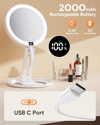 Travel Makeup Mirror with Lights - White, 1X/30X Magnification, Foldable & Rechargeable