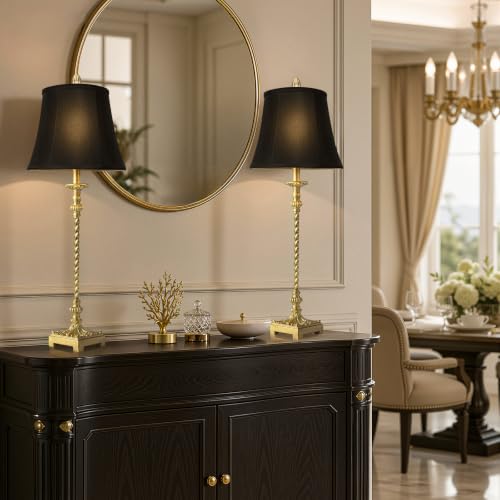 33-Inch Vintage Table Lamp Set of 2 - Gold Leaf Finish with Black Linen Shades — Elegant European Style for Living Room Bedroom