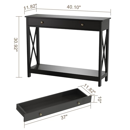 Treocho Black Console Table with Drawer & Shelves - 40.1" Wide Entryway Sofa Table