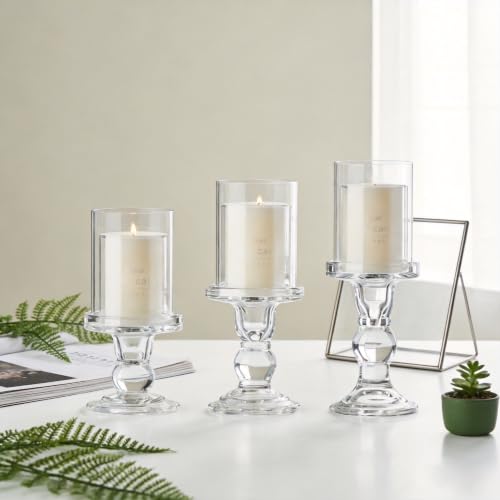 12 Pcs Clear Glass Candle Holders Set of 3 Heights - Pillar & Tealight Candlestick Holders