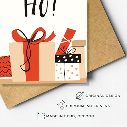 Ho Ho Ho Christmas Card with Festive Gift Box Illustration - Holiday Greeting Card for Friends & Family