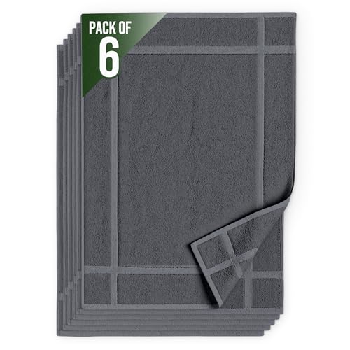 Cotton Bath Mats Set - 6 Pack, 20 x 30 Inches, Dark Grey, Quick Dry, Soft & Absorbent