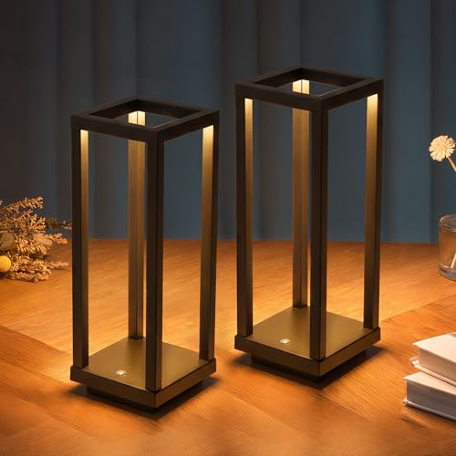 PUSU Cordless Waterproof Table Lamp Set - Matte Black 2 Pack, 11 Inch Outdoor LED Lamps