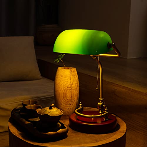 NUSRAN Green Glass Bankers Desk Lamp with Solid Birch Wood Base and Pull Chain Switch