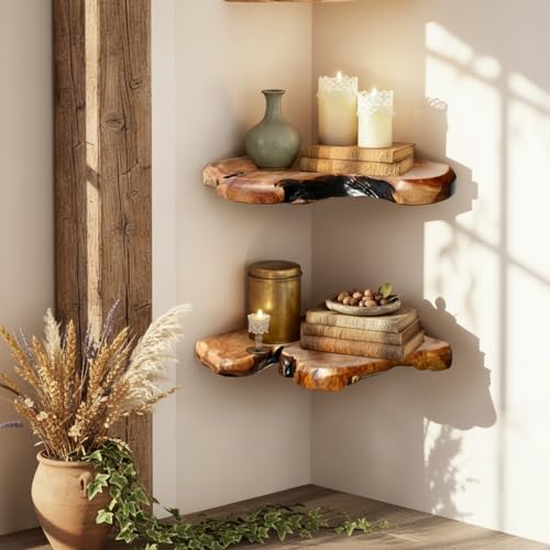 Live Edge Cedar Corner Shelves Set of 2 - Floating Wall Storage for Home & Office